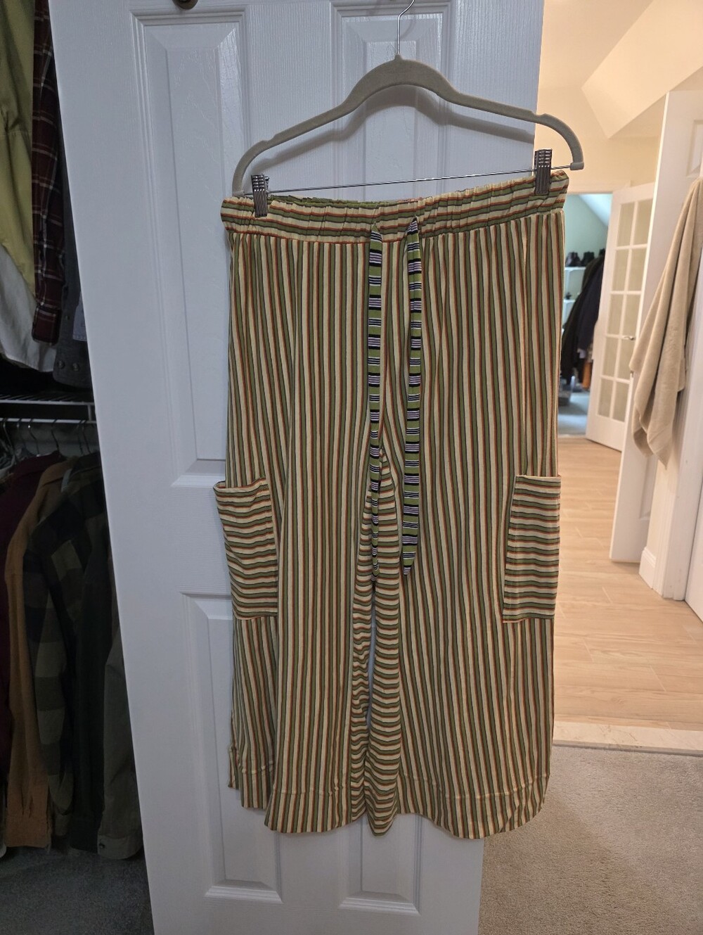 Free People Blanche Striped Wide-Leg Drawstring Pants in Olive & Mustard